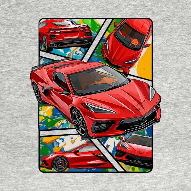 Multiple Angles of the Red C8 Corvette Presented In A Bold Vibrant Panel Art Display Supercar Sports Car Racecar Torch Red Corvette C8 by Tees 4 Thee